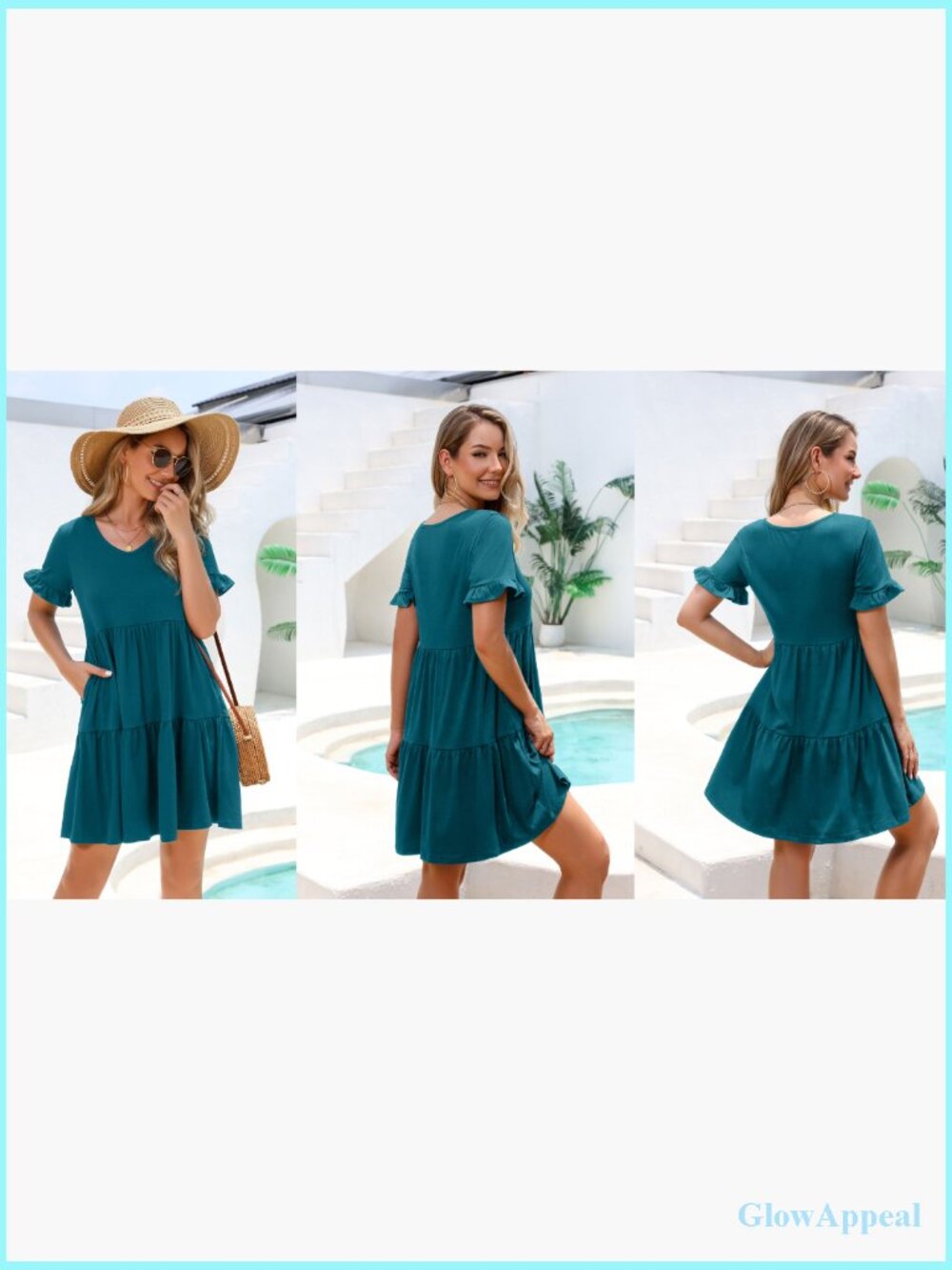 Loose V Neck Ruffle Tiered Flowy A Line Mini Beach Dress with Pockets - Picture 6 of 7